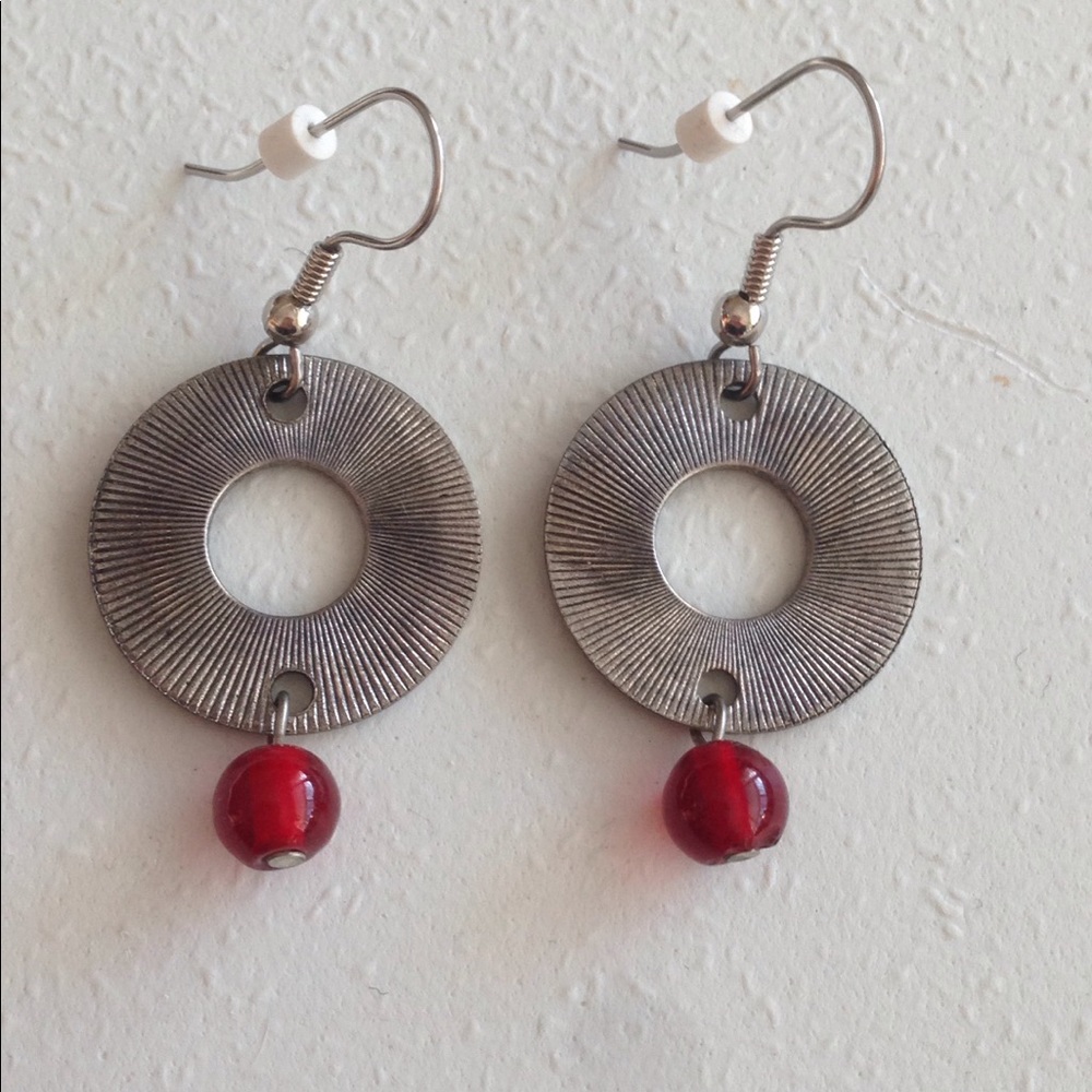 Earrings Indian Glass Red Drop Bead and Pewter